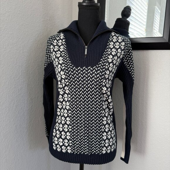 KARI TRAA Smekker Navy White Knit Long Sleeve Zip Turtleneck Sweater Small - Picture 4 of 14